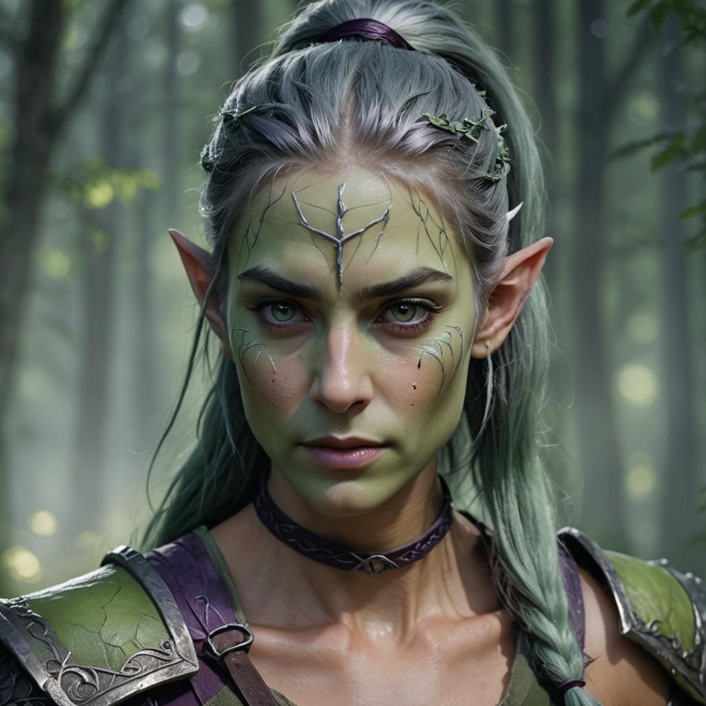 Hyper-Realistic Portrait of an Elegant Elf-Orc Hybrid