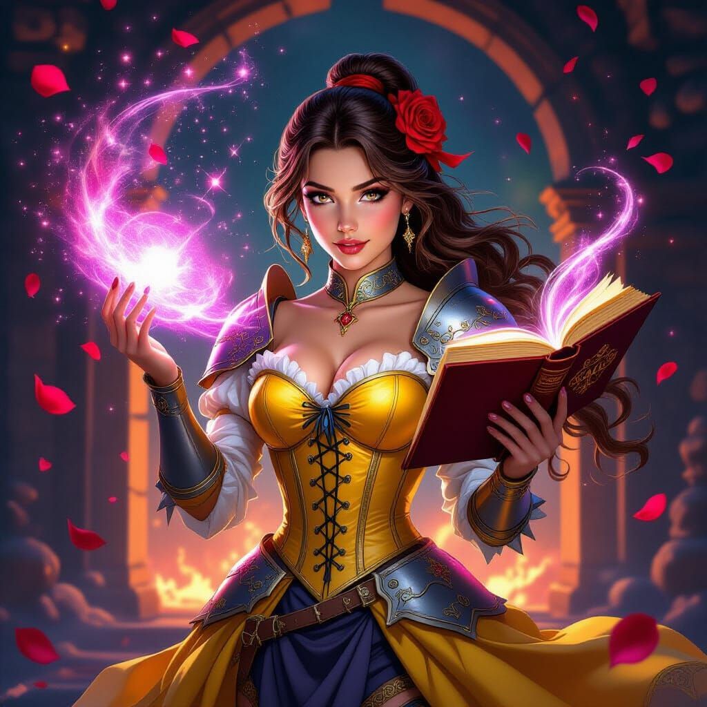 Brunette Warrior Witch with Cosmic Book of Spells