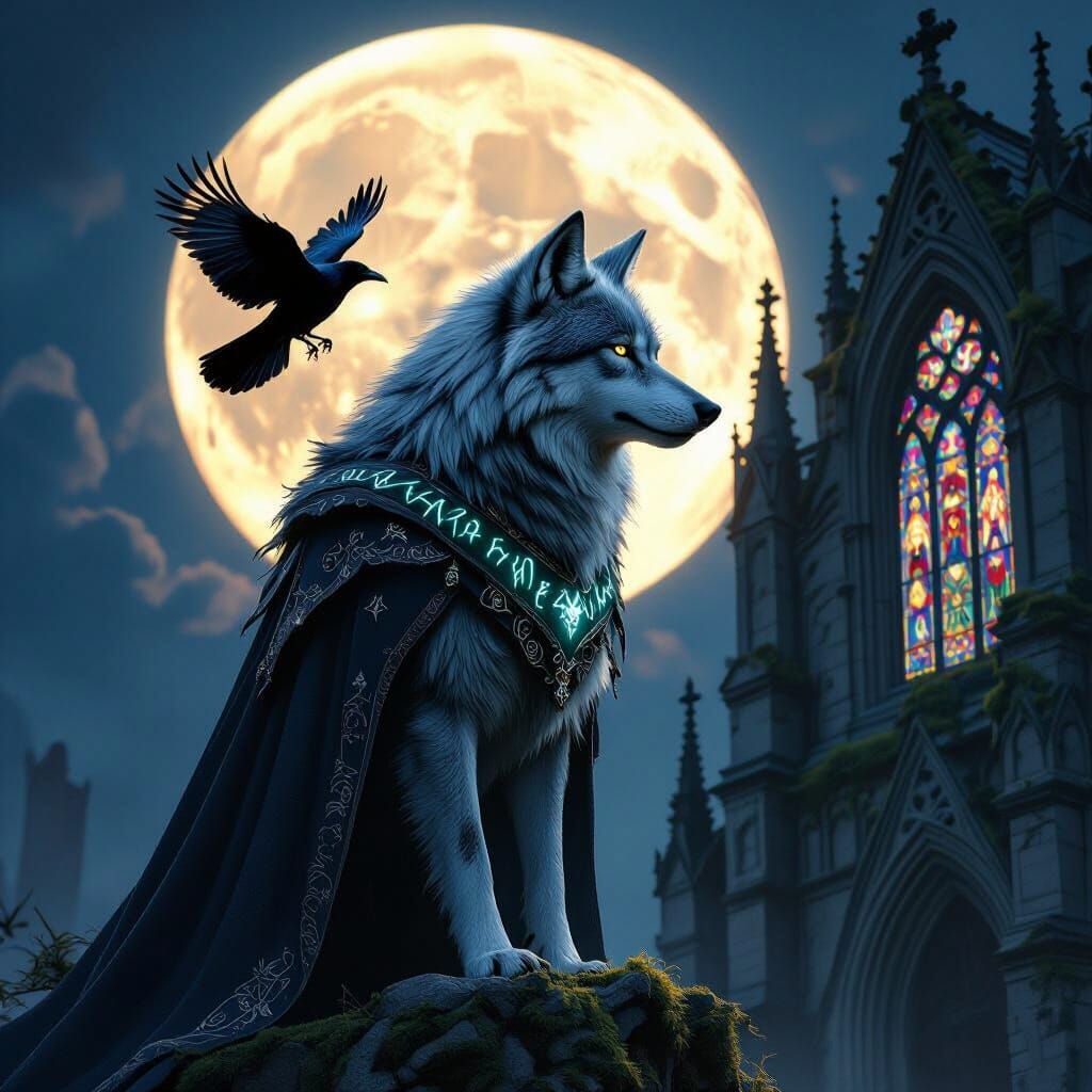 Silver Wolf and Gothic Cathedral in Fantasy Style