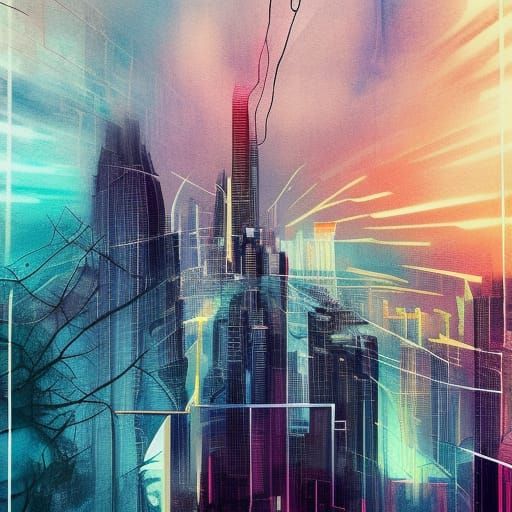 Cyberpunk Jesus Double Exposure Watercolor Illustration