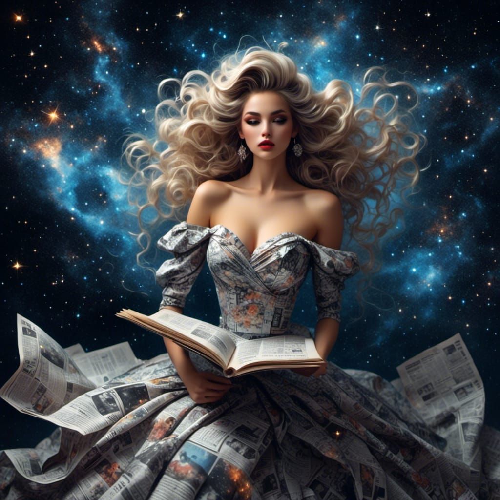 Cosmic Newspaper Woman with Glowing Star Hair