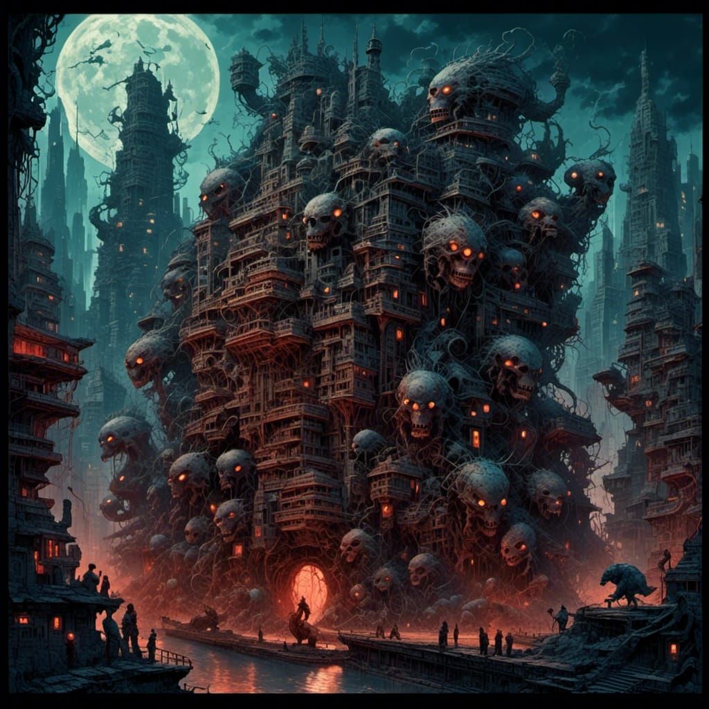 Cyberpunk Aztec City in Yoshitaka Amano Style