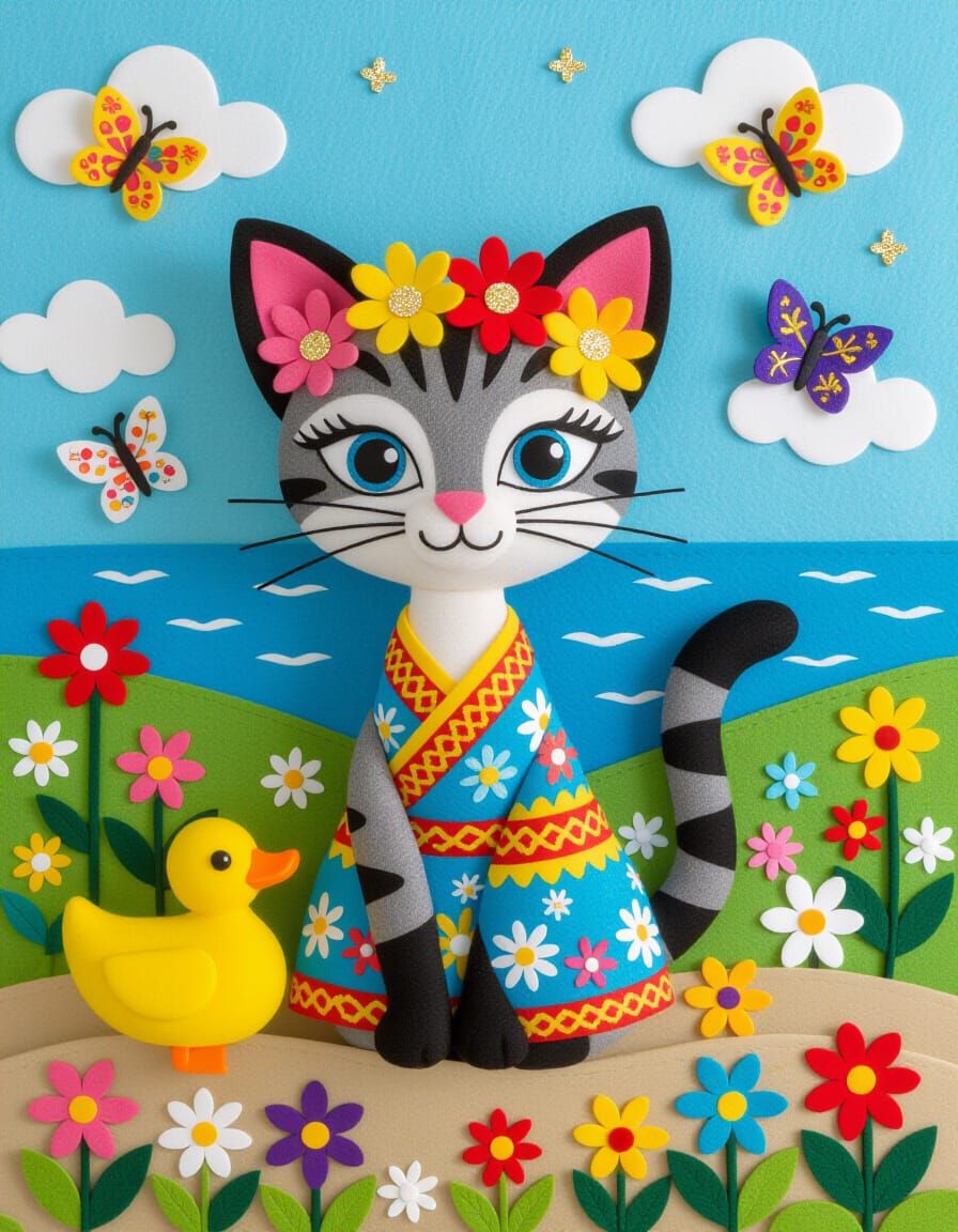 Felt Art Oriental Shorthair Cat on Beach Holiday