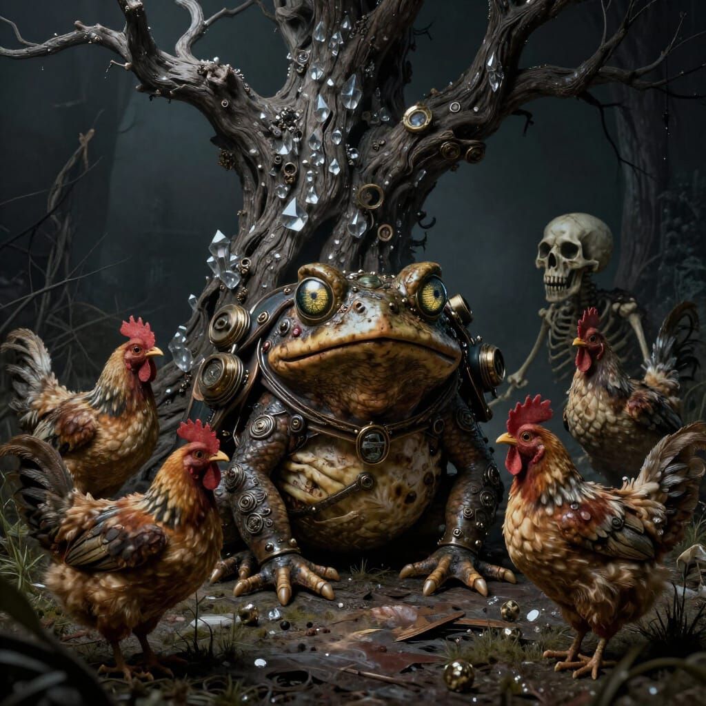 Gothic Zombie Toad and Skeletal Chickens in Dark Forest