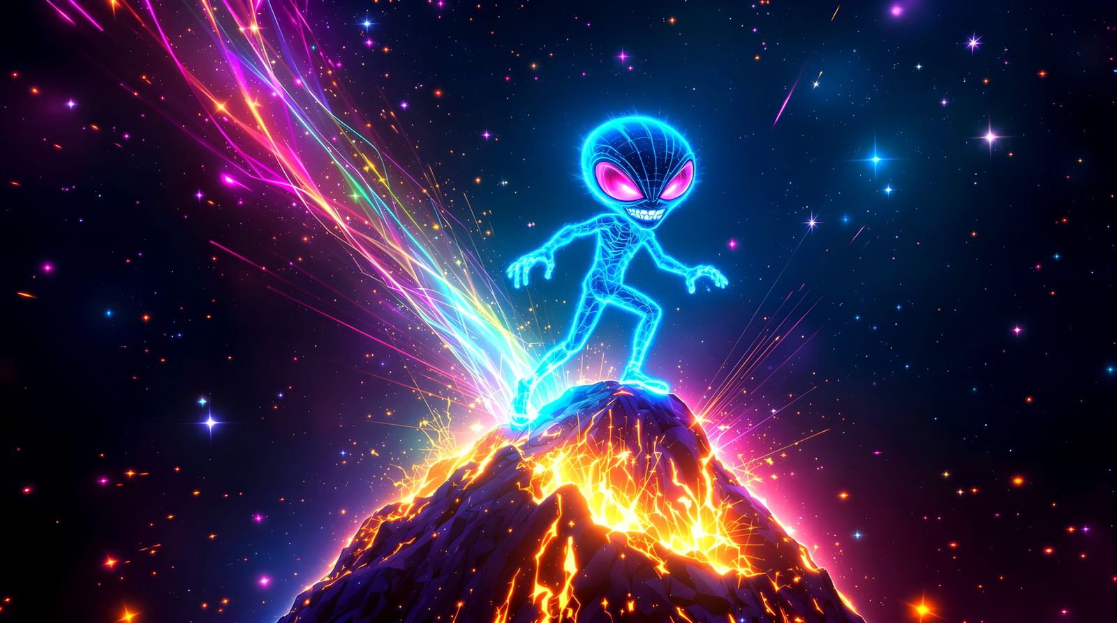 A mesmerizing psychedelic light artwork of a short stocky bu...