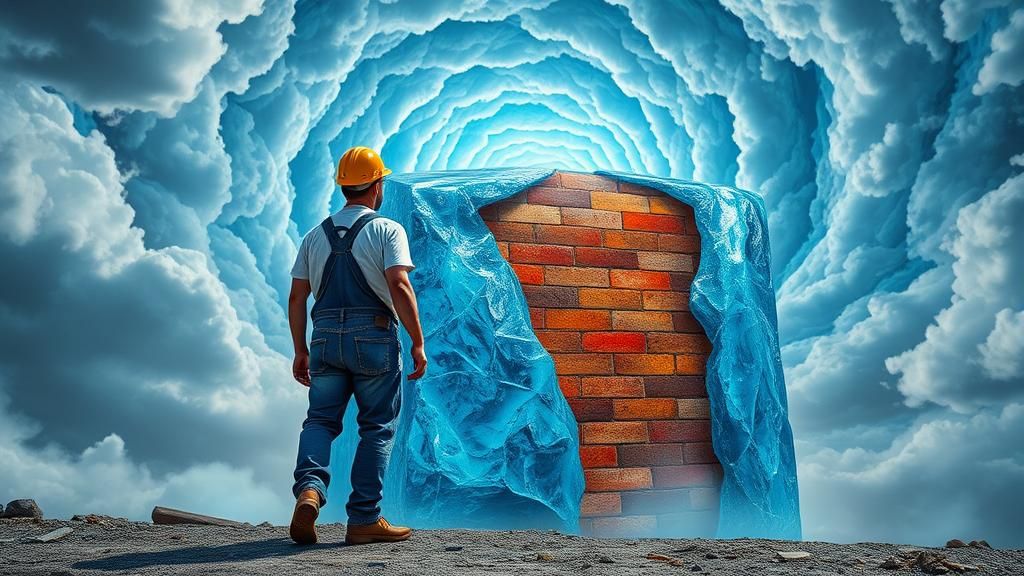 Construction Worker and Colossal Ice Block in Surrealist Sty...
