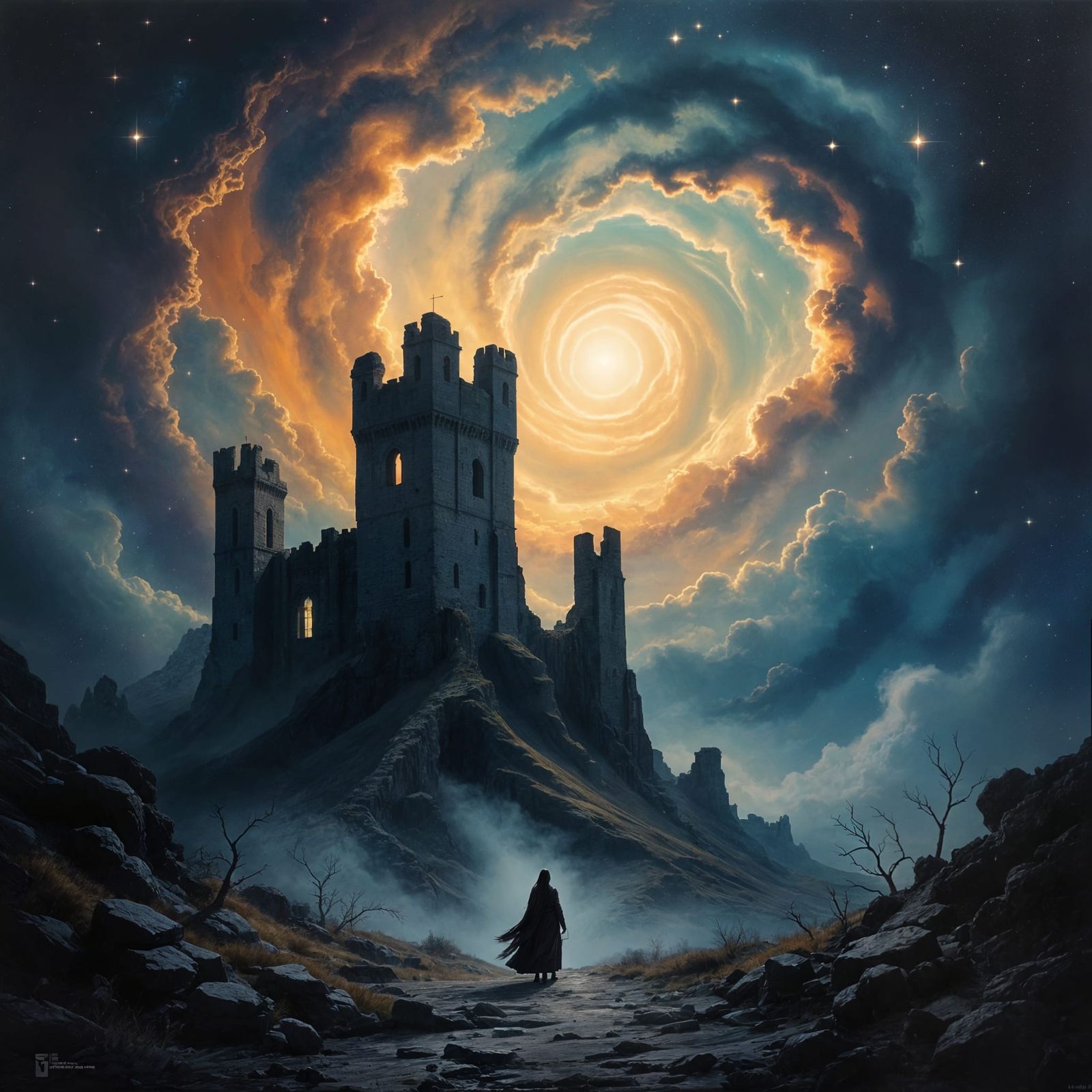 Ethereal Castle Ruin Against Cosmic Nebula