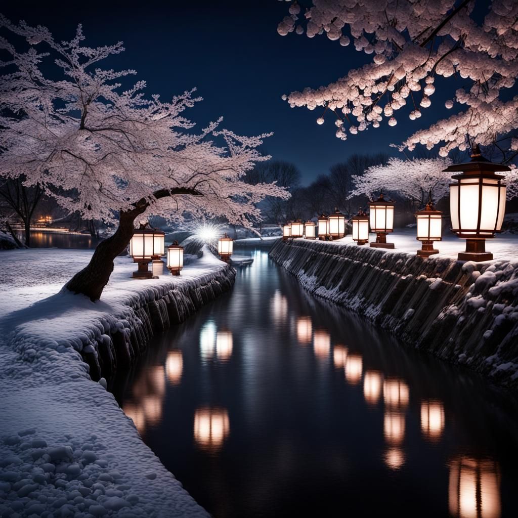 Winter Night: Ice Sculptures on Japanese River