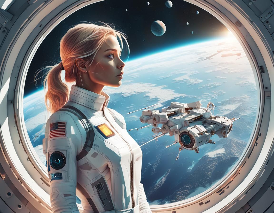 Girl Gazing at Planet From Space Station