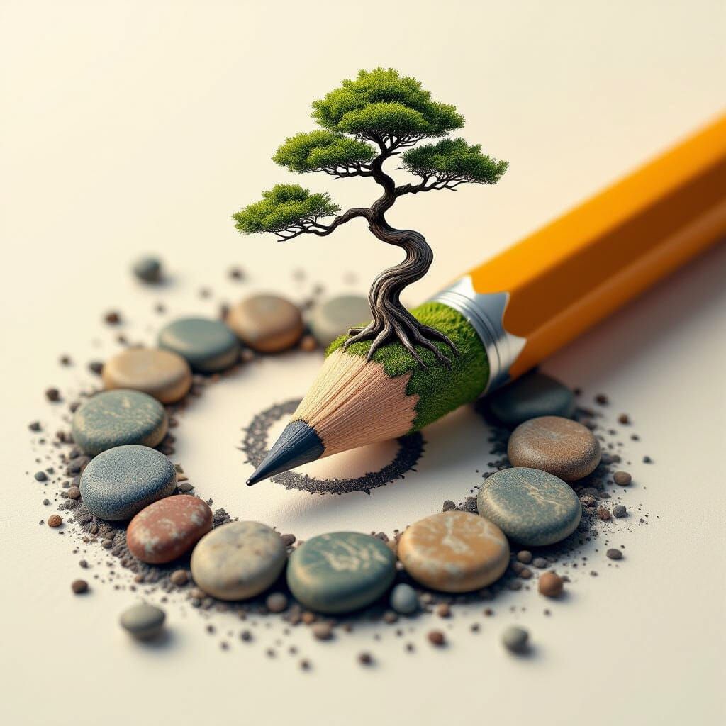 Hyperrealistic Pencil Path with Tree and Stones