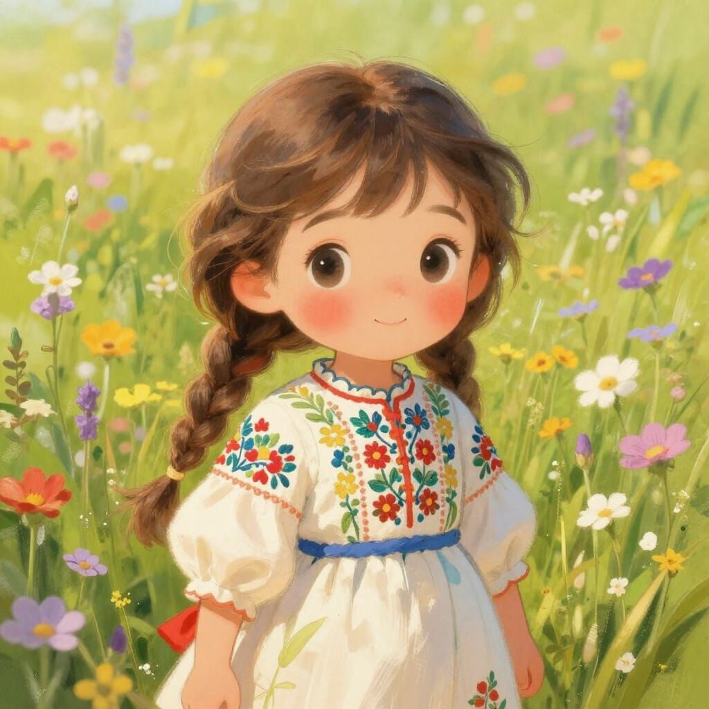 Cute Storybook Girl in Wildflower Meadow
