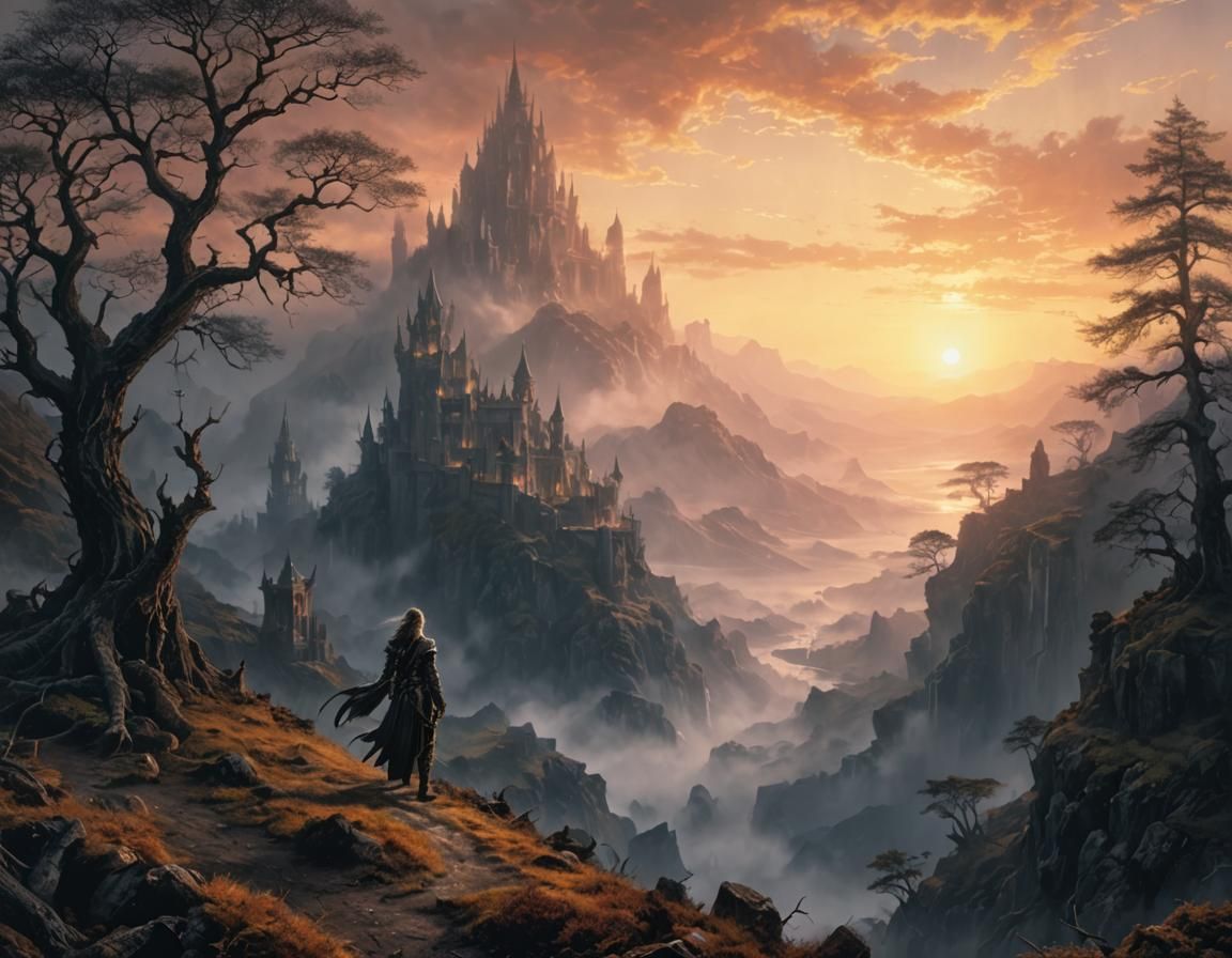 Epic Fantasy Landscape with Dragons and Medieval Castle