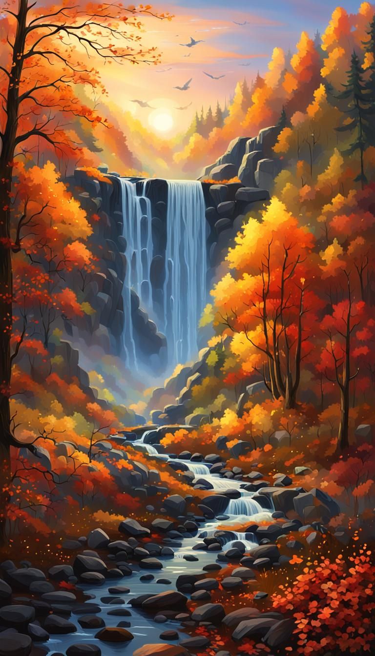Autumnal Waterfall Concept Art at Dusk