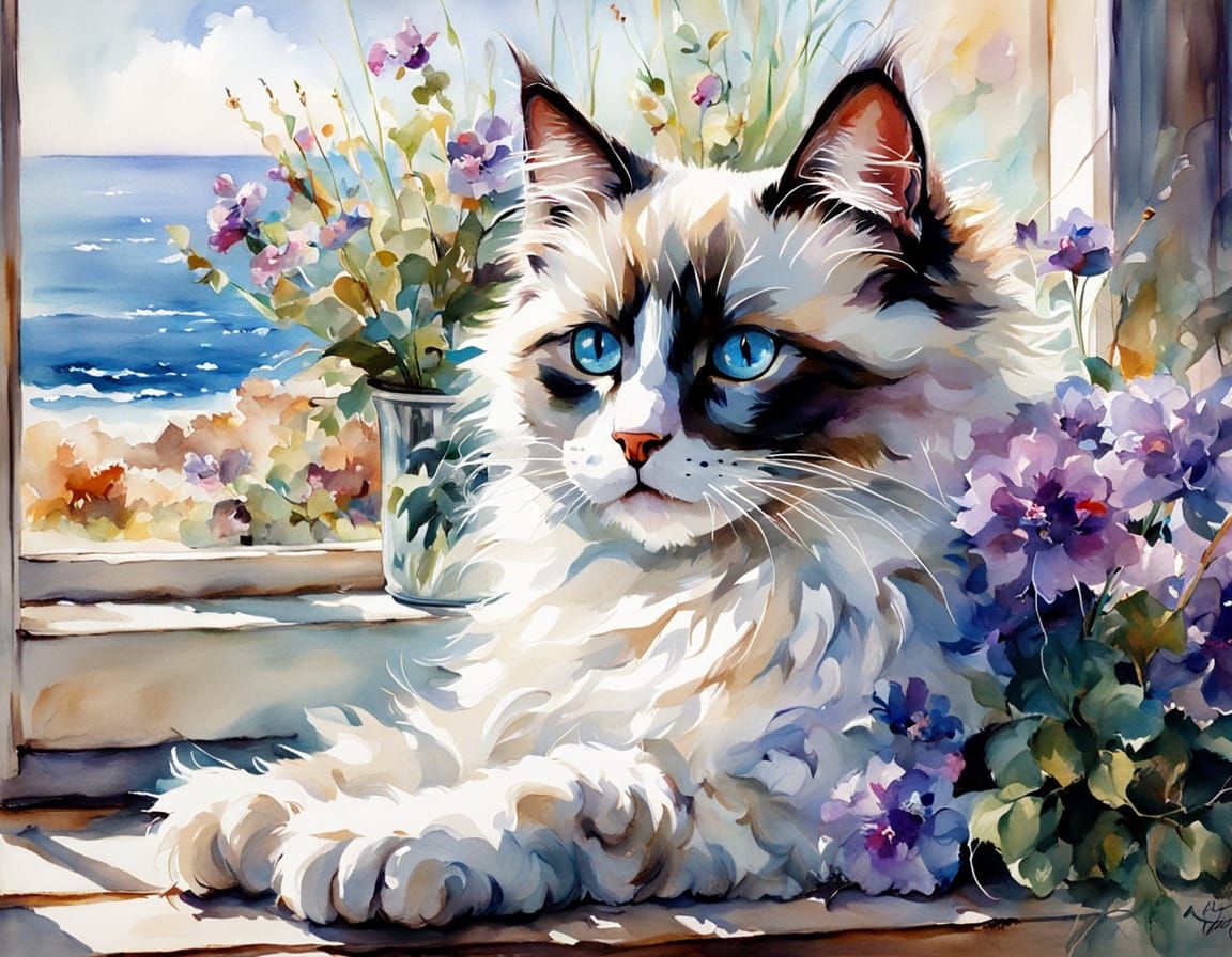 Ragdoll Kitten in Sunlight: Watercolor Impression