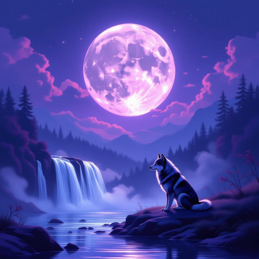 Glowing Purple Moon Over Wolf and Waterfall in Moody Hues