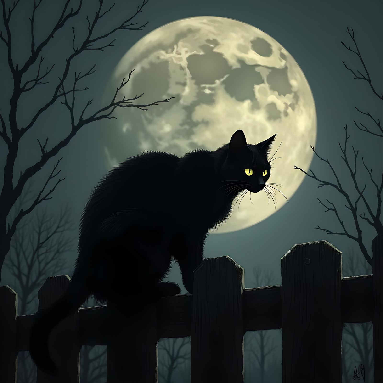 Black Cat on Fence Under Halloween Moon