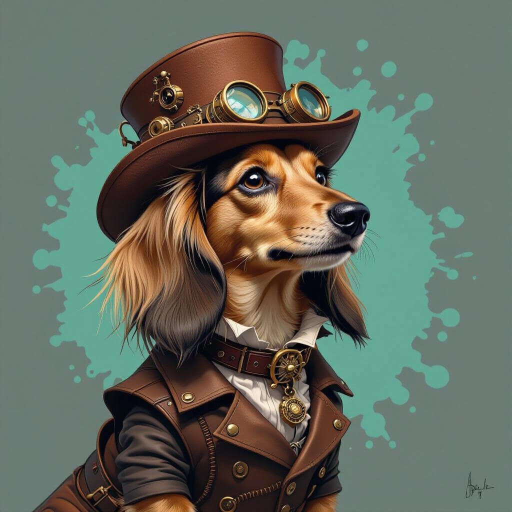 Steampunk Dachshund with Leather Hat in Industrial Style