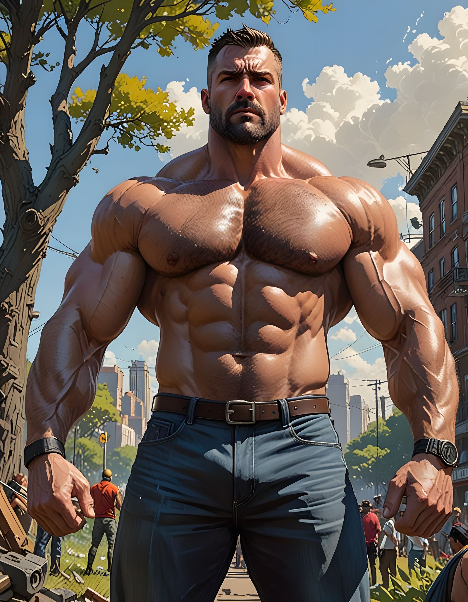 Muscular Hero Stands Tall in the Park