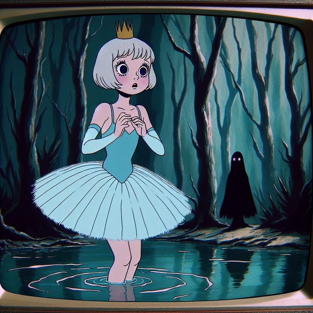 Vintage-Style Cartoon Princess Confronts Dark Lake