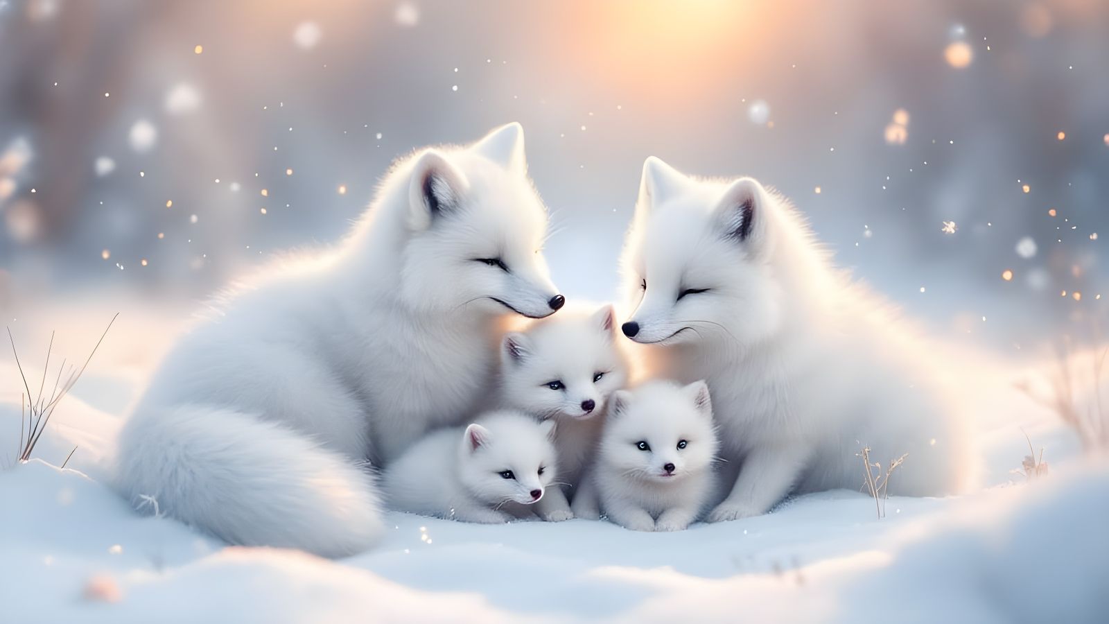 Magical Arctic Fox Family in Serene Snowy Landscape