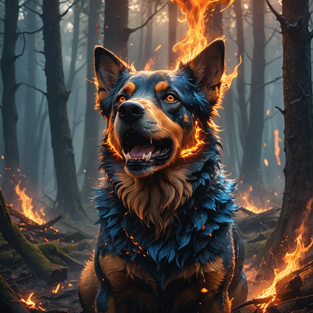 Mystical Fire-Breathing Dog in a Dark Forest