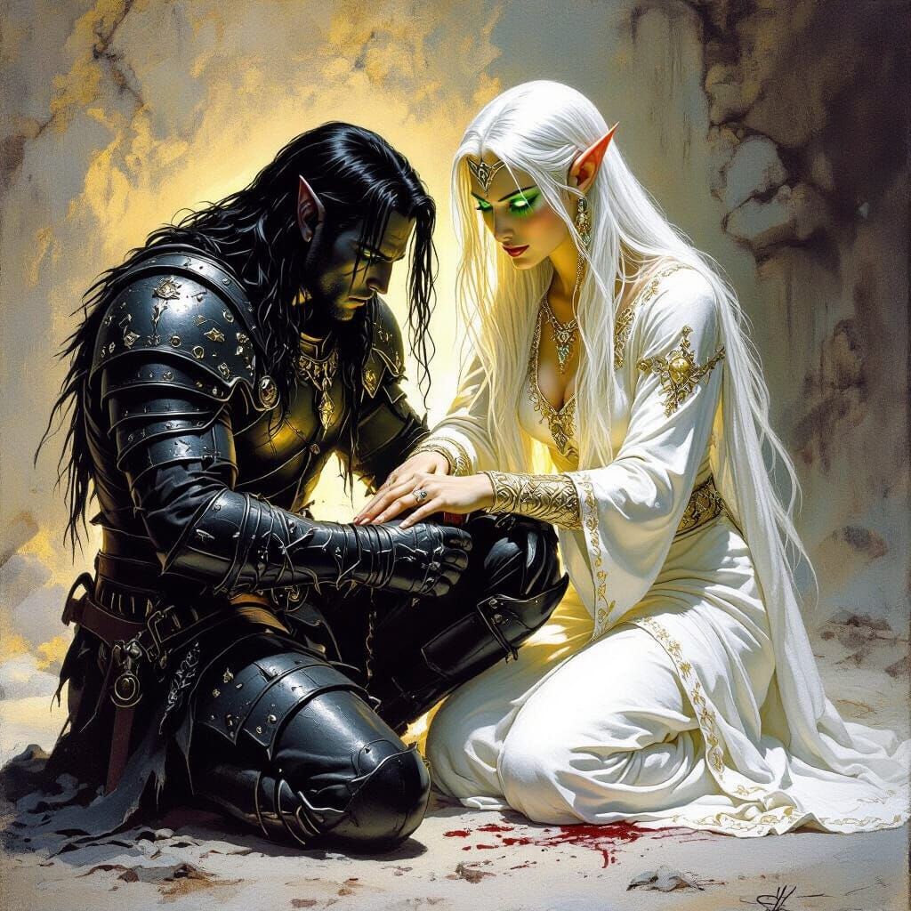 Warrior Healed by Elven Magic, Fantasy Art