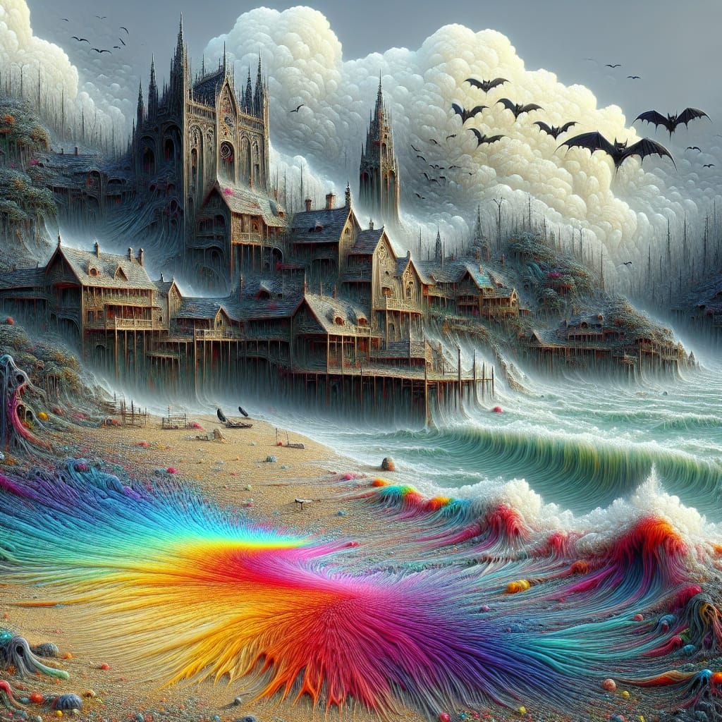 Eerie Coastal Village with Rainbow Rug, Assemblage Art