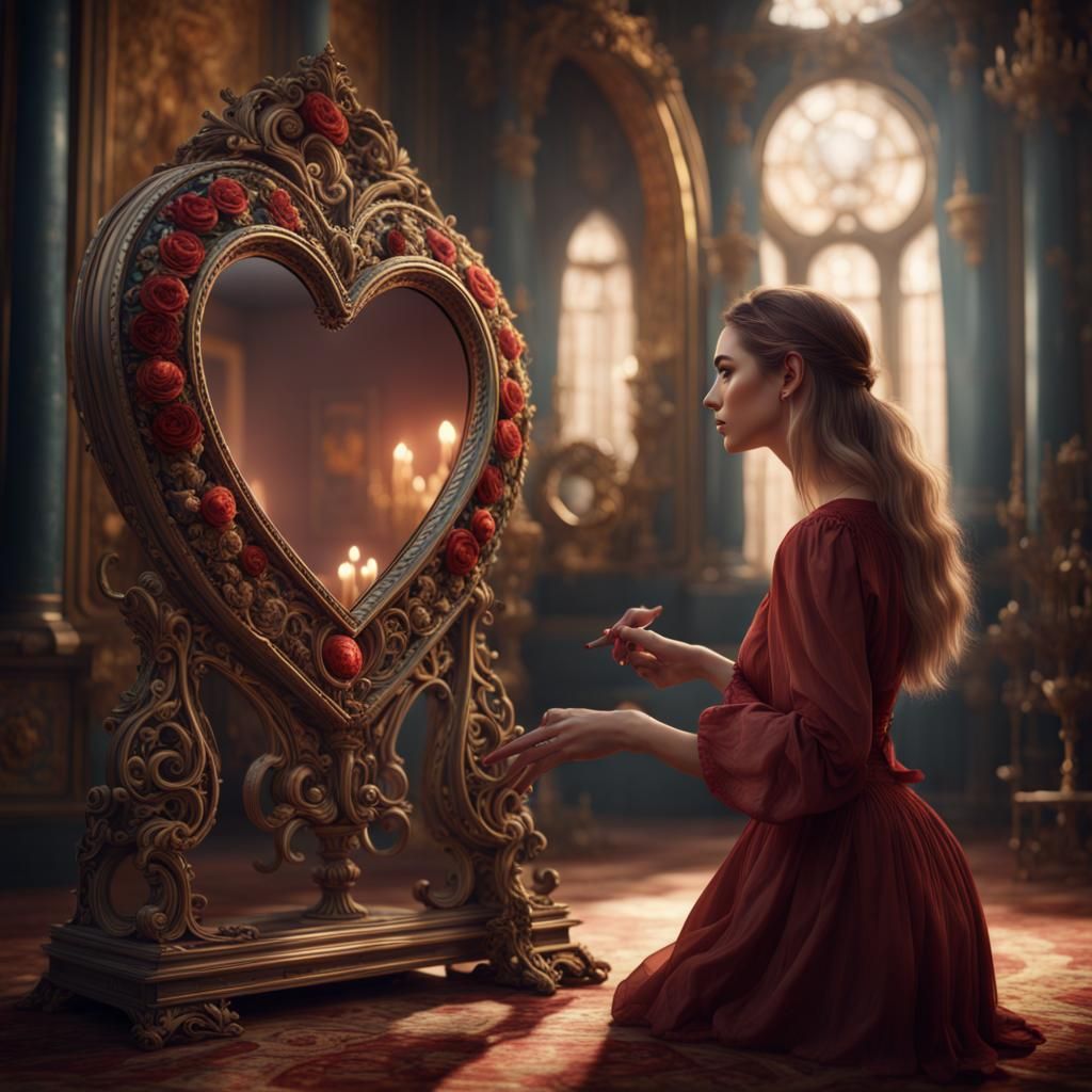 Woman and Heart-Shaped Mirror in Detailed Painting