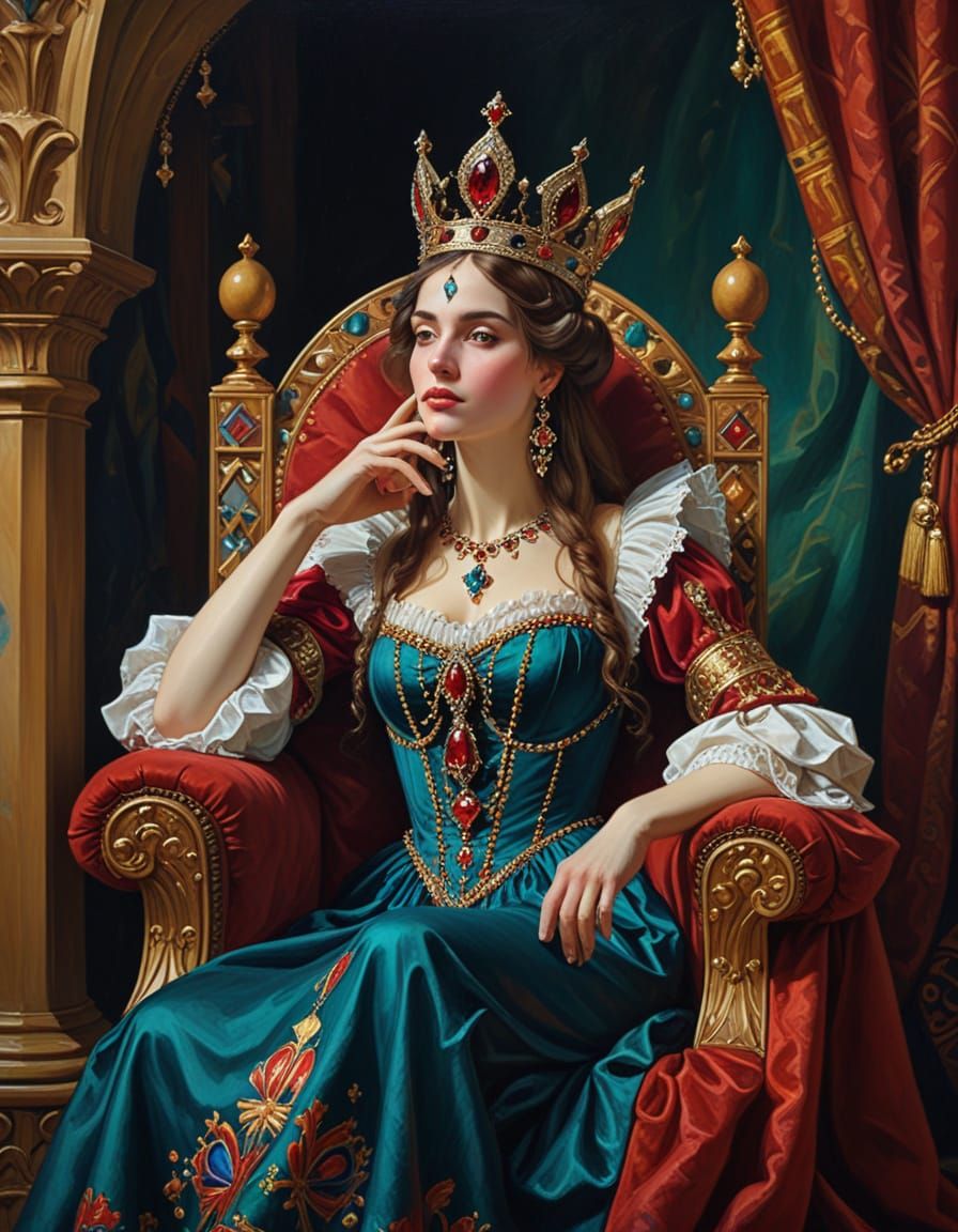 Queen Listens to Jester in Pre-Raphaelite Style