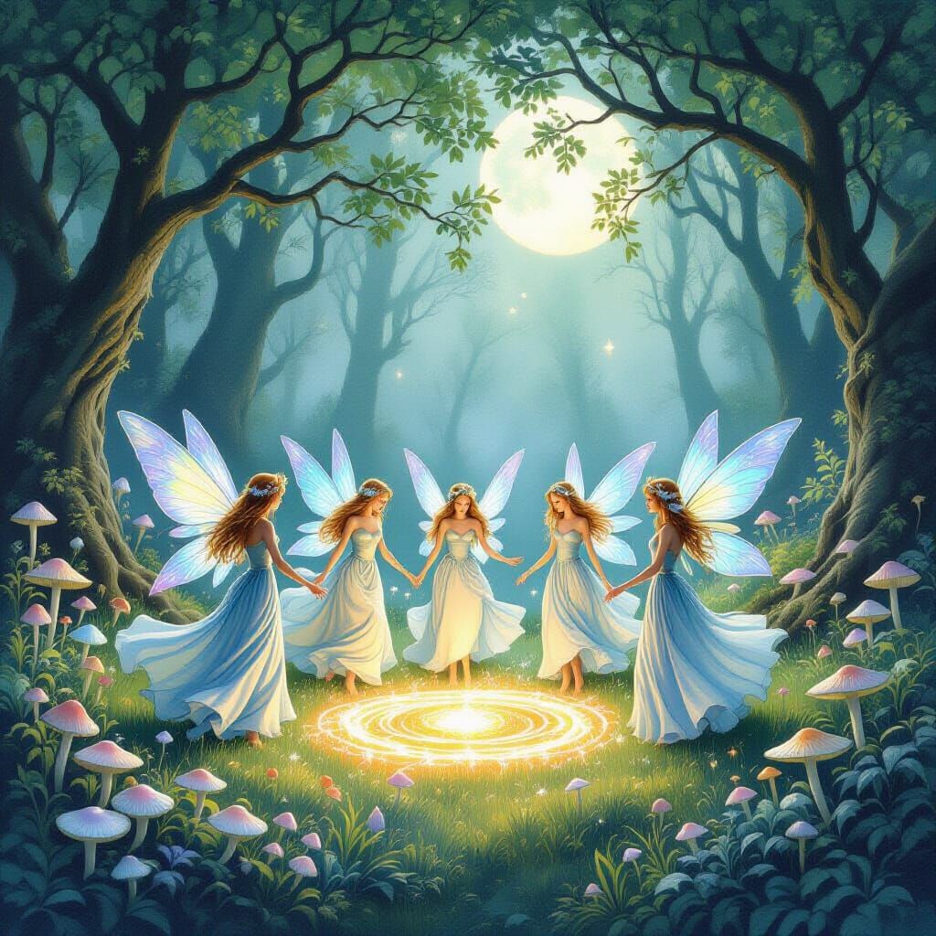Fairies Dancing in Moonlit Glade with Magic Mushrooms