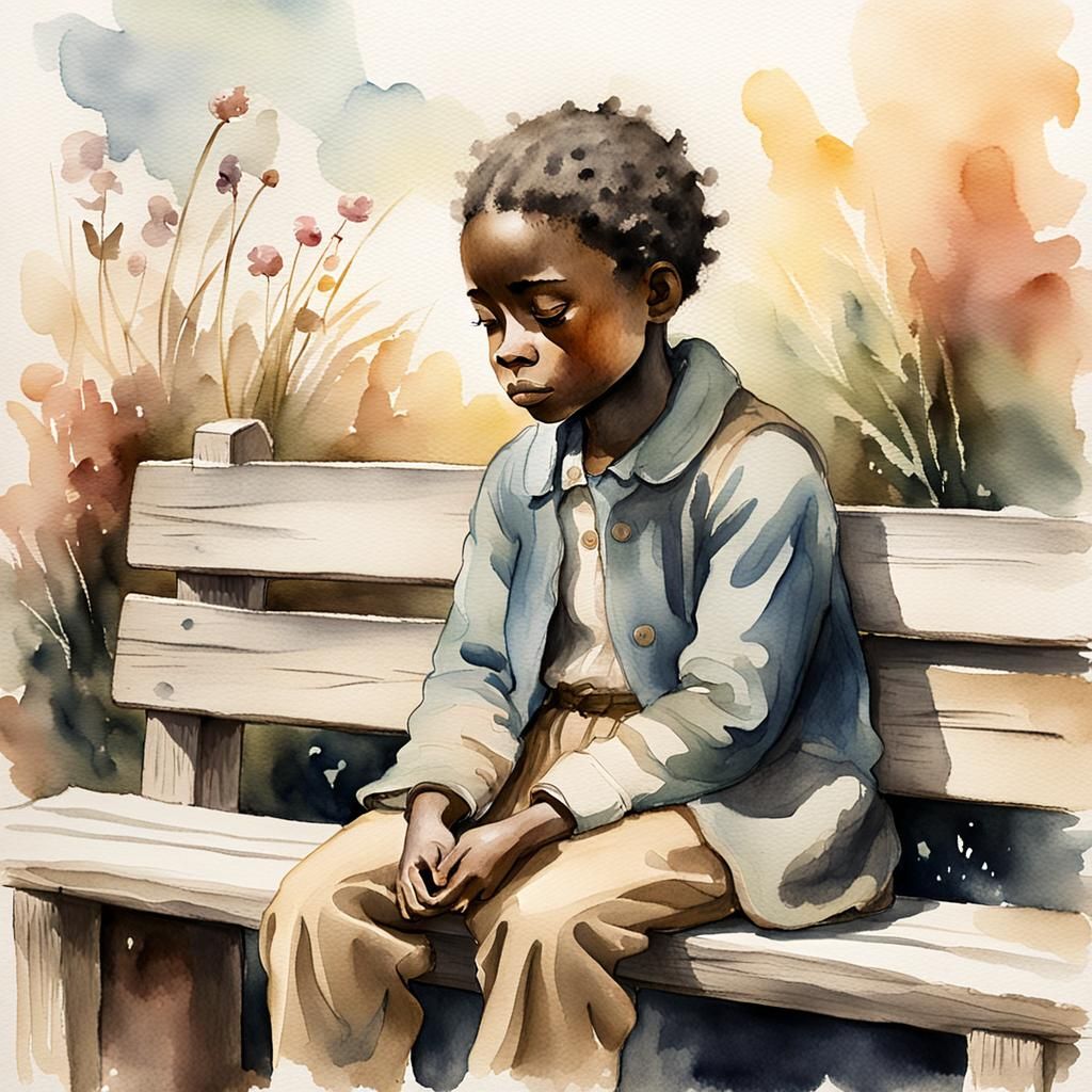 Watercolor Portrait of Sad Child in Pastel Colors