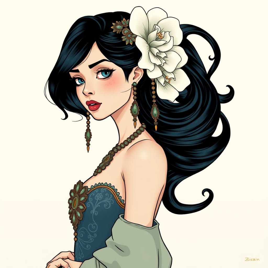 Elegant Woman in Hand-Drawn Art Nouveau Style