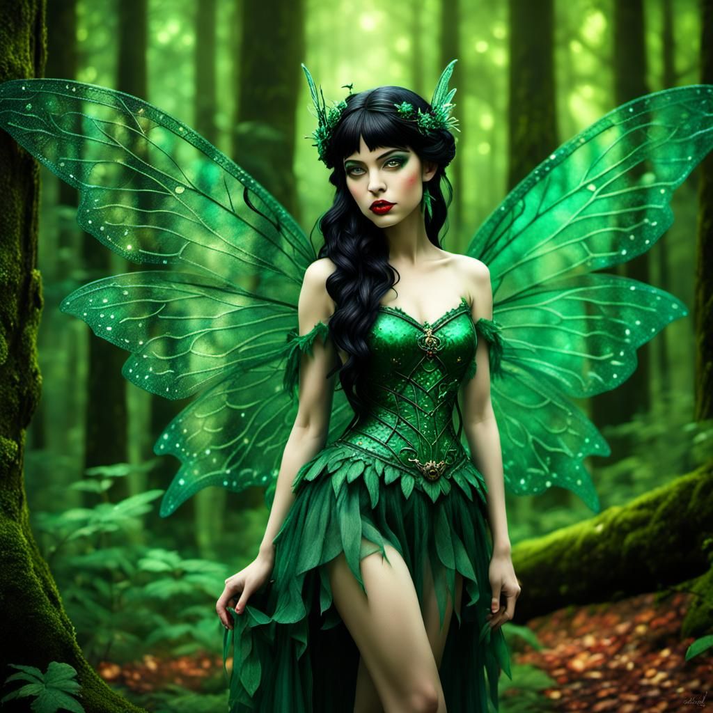 Emerald Green Forest Fairy at Cottage, Hyperrealistic