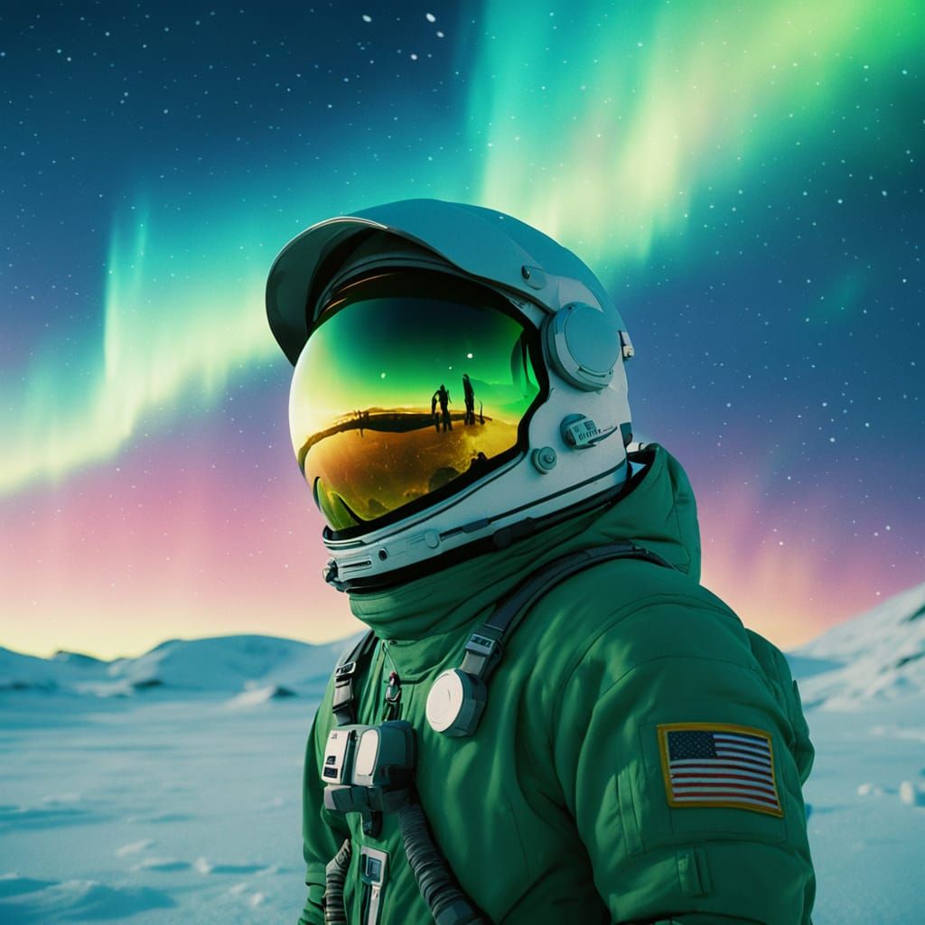 Astronaut Gazing at Aurora on Alien Planet