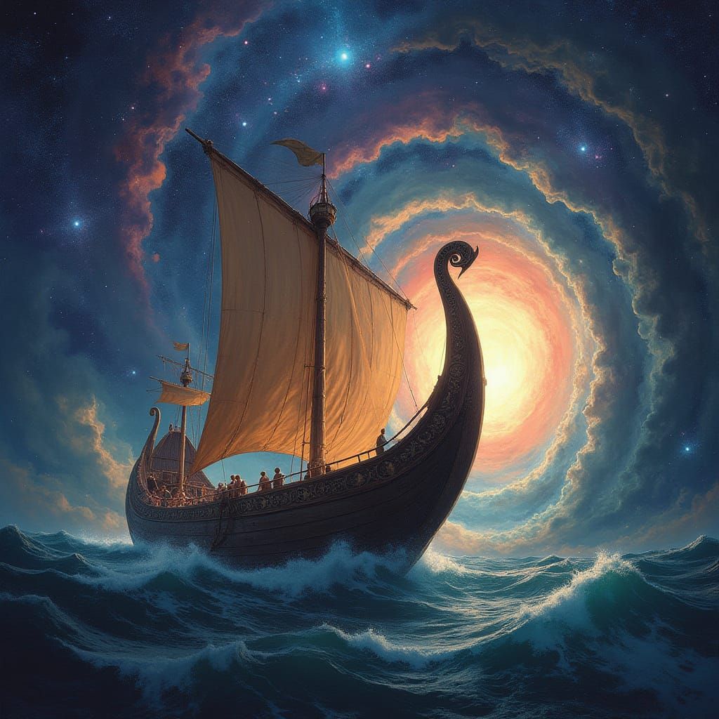 Cosmic Viking Longship Sailing Through Space