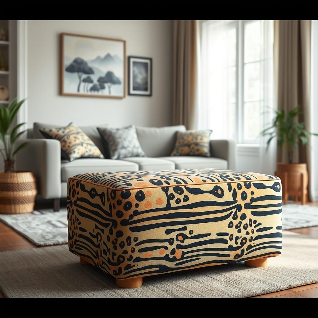 Vibrant Jungle Cat-Inspired Stool in a Serene Living Room