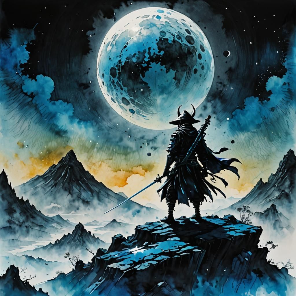 Alien Samurai Silhouette over Ethereal Moonlit Planet