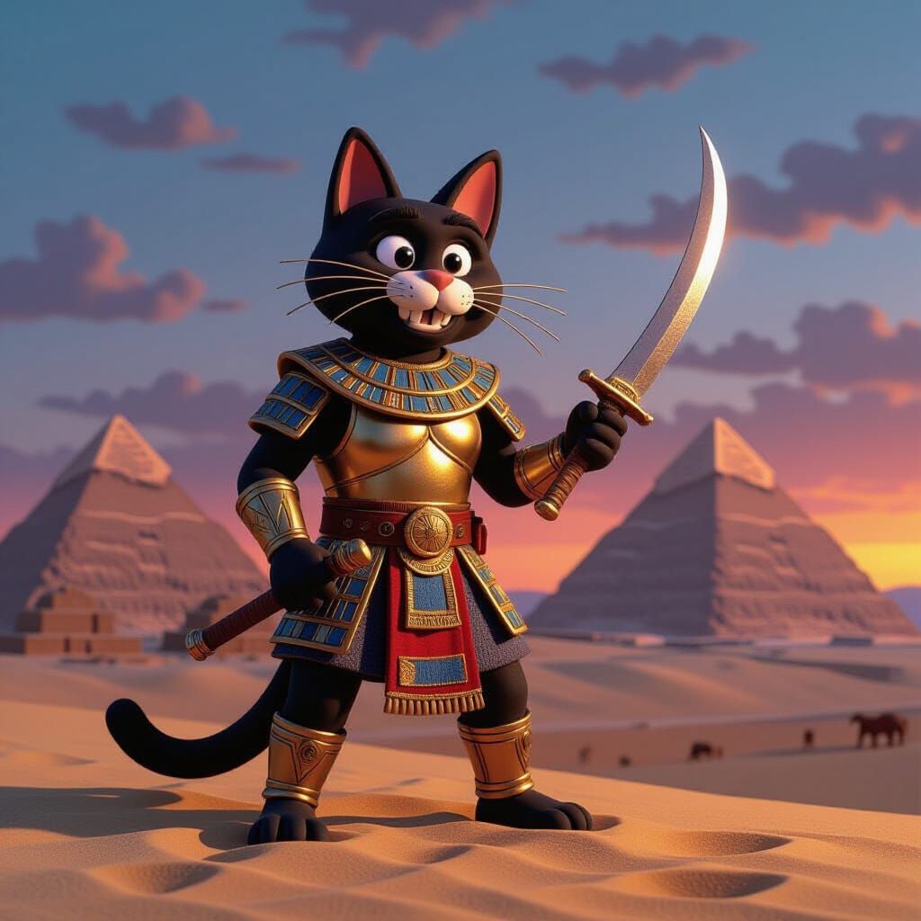 Egyptian Cat Warrior in Claymation Style