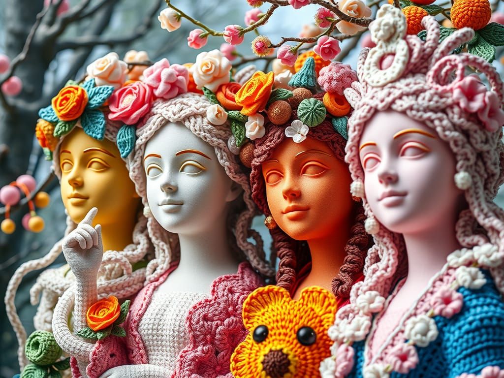 Klimt-Inspired Crochet Statues of the Four Seasons