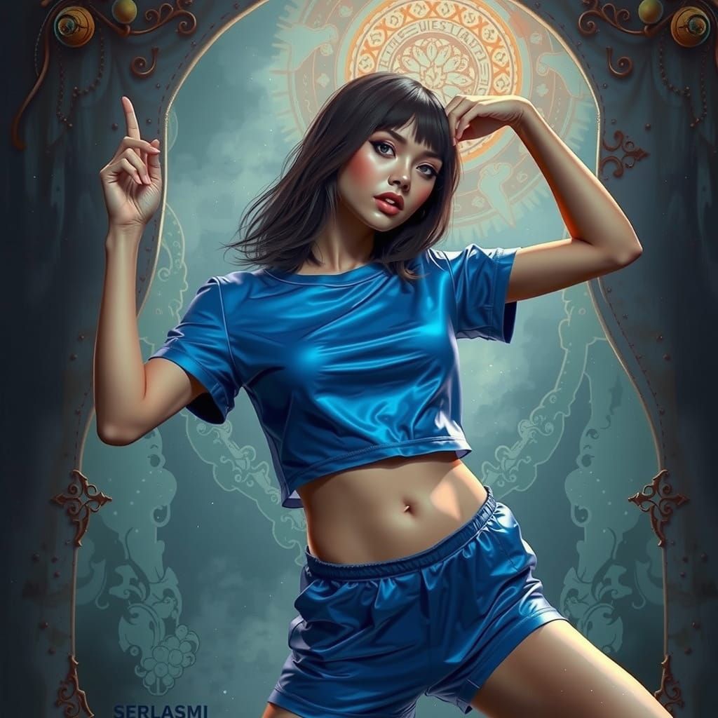 Woman in Blue Satin Outfit with Dark Eyeliner