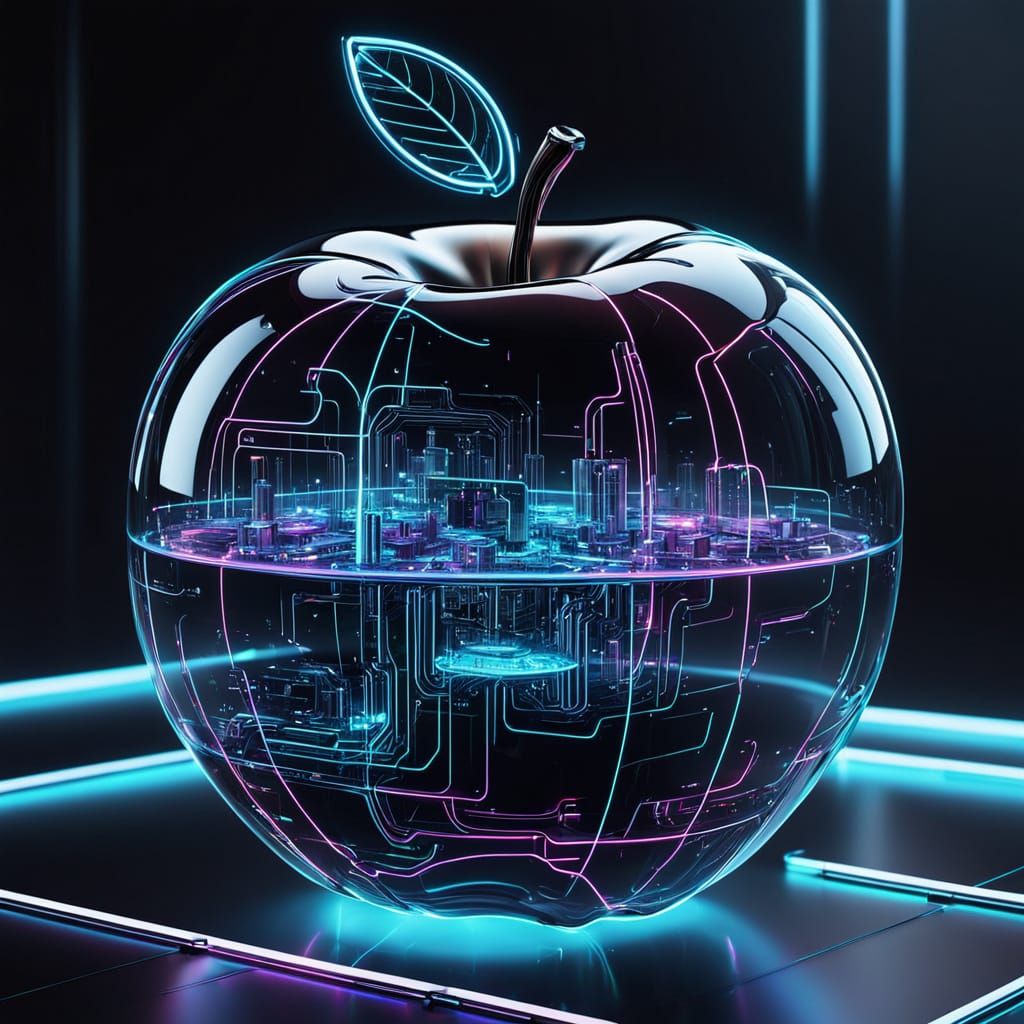Surreal Futuristic Glass Apple in Neon-Lit, Metallic Eleganc...