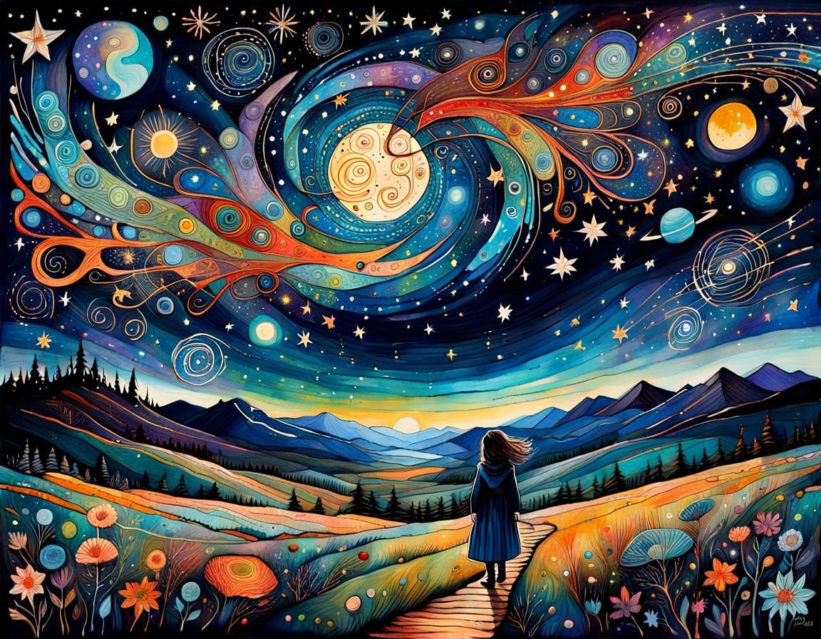 Cosmic Night Sky: A Vibrant Art Brut Illustration