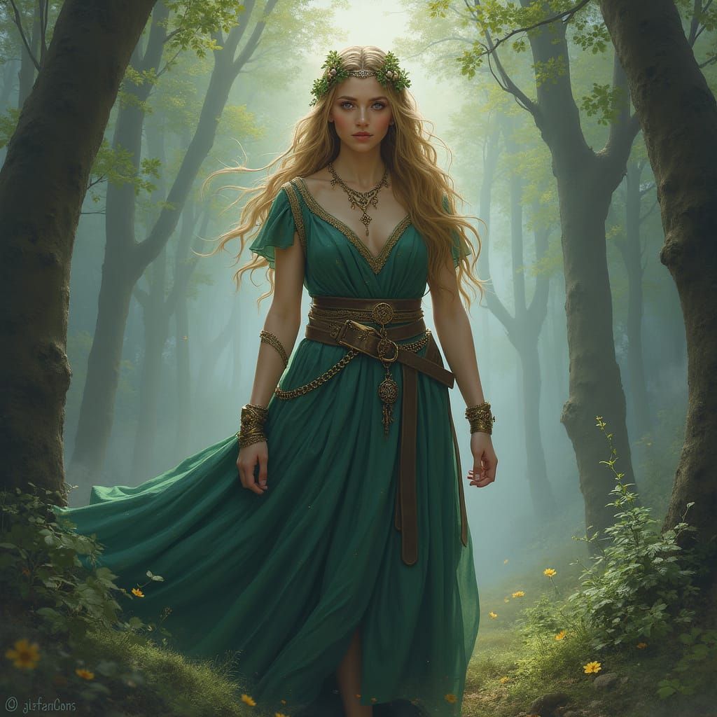 Freyja in Mystical Forest, Digital Art