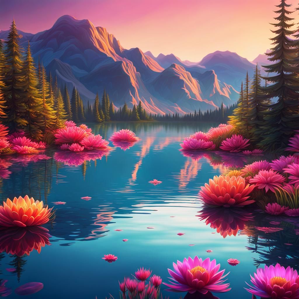Glassy Lake with Swirling Ornamentals in 3D