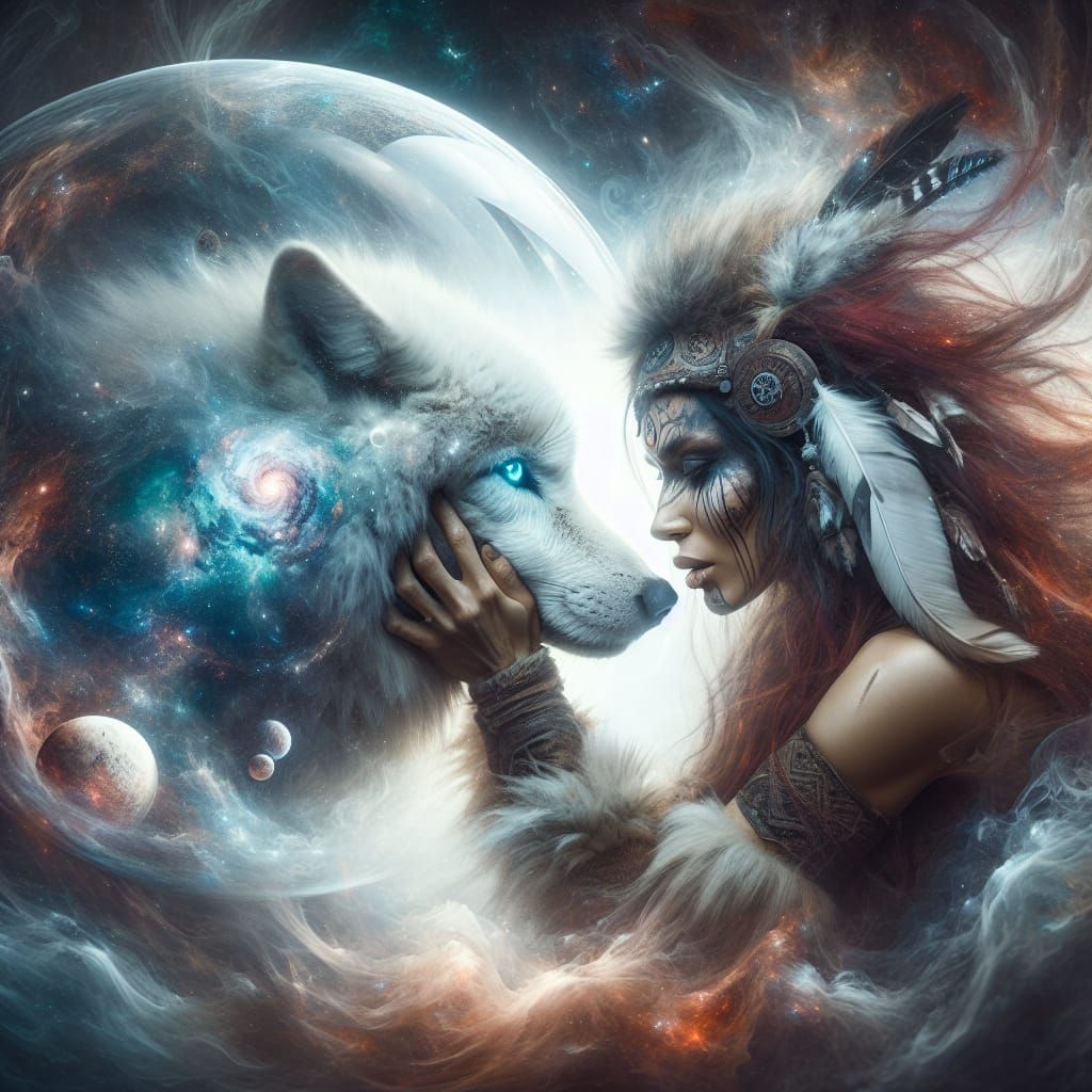 Warrior Woman and Wolf Bond in Cosmic Scene