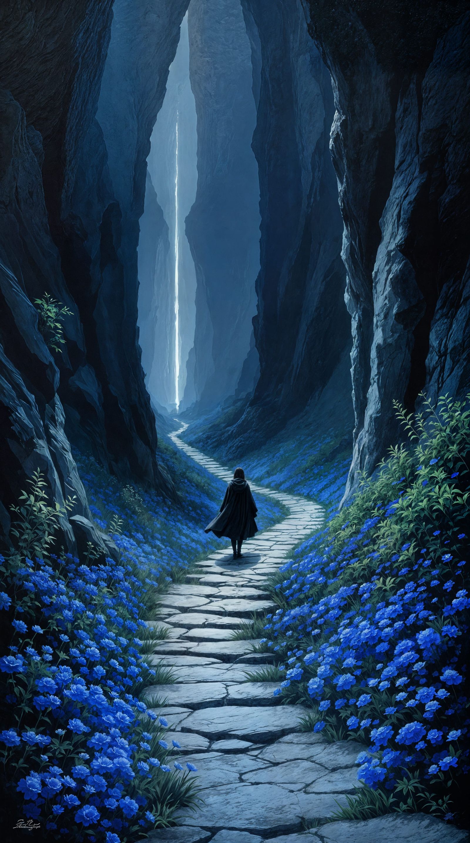 Silhouetted Figure Walks Blue Bloomed Canyon Path in Impress...