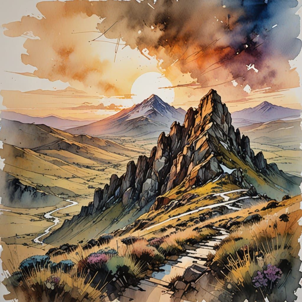 Vibrant Watercolour Sunset on a Serene Mountain Plateau