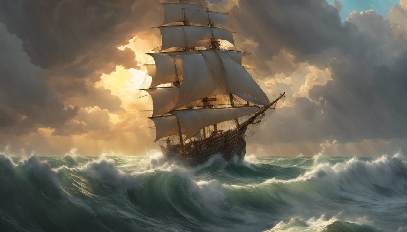 Galleon in Stormy Seas with Sunbeam, Digital Art
