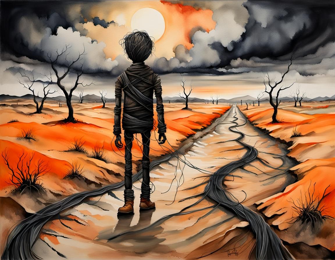 Desolate Wasteland: A Haunting Watercolor Doll Landscape