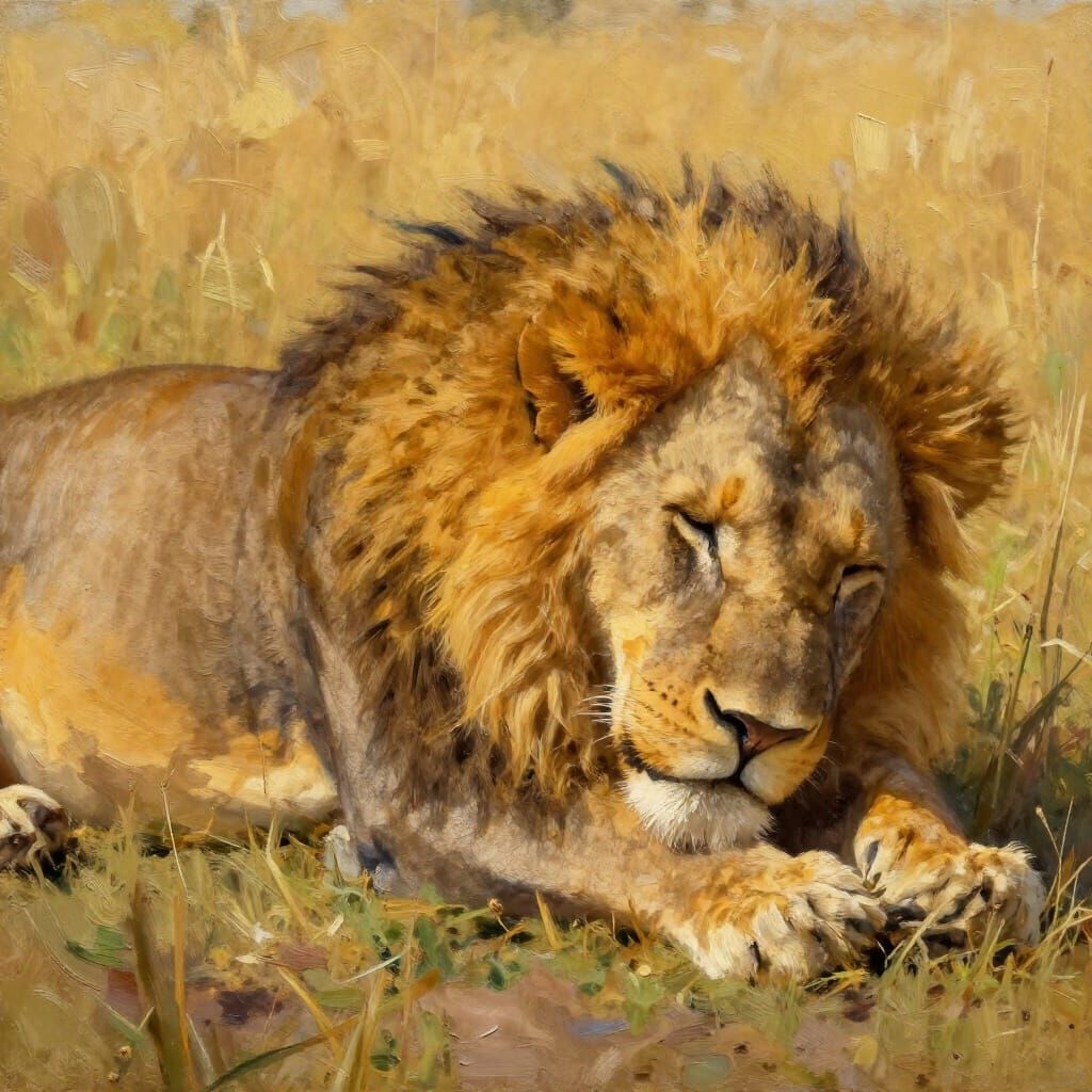Regal Lion Rests in Golden Savanna Sunlight Oil Painting